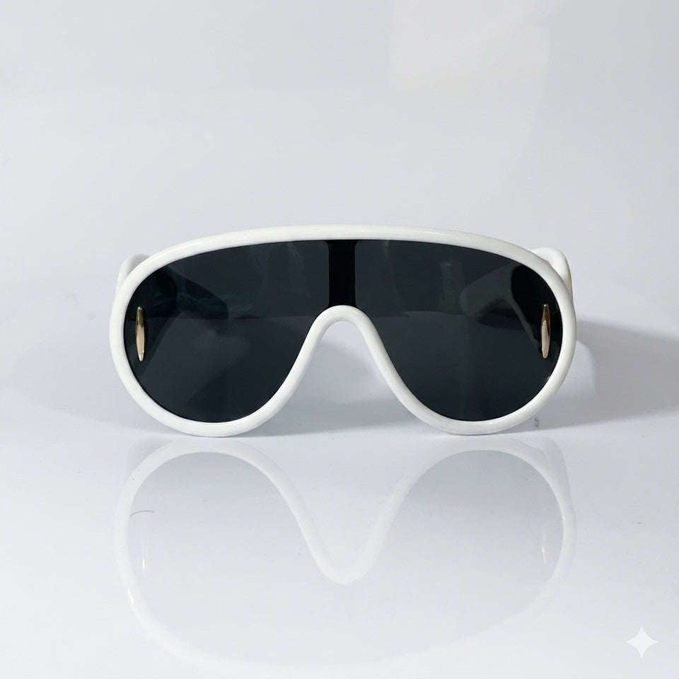 White Frame Shield Sunglasses Black Lenses-244